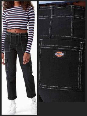 Dickies Black Straight Slim Cargo Utility  Pants with White Contrast Stitching